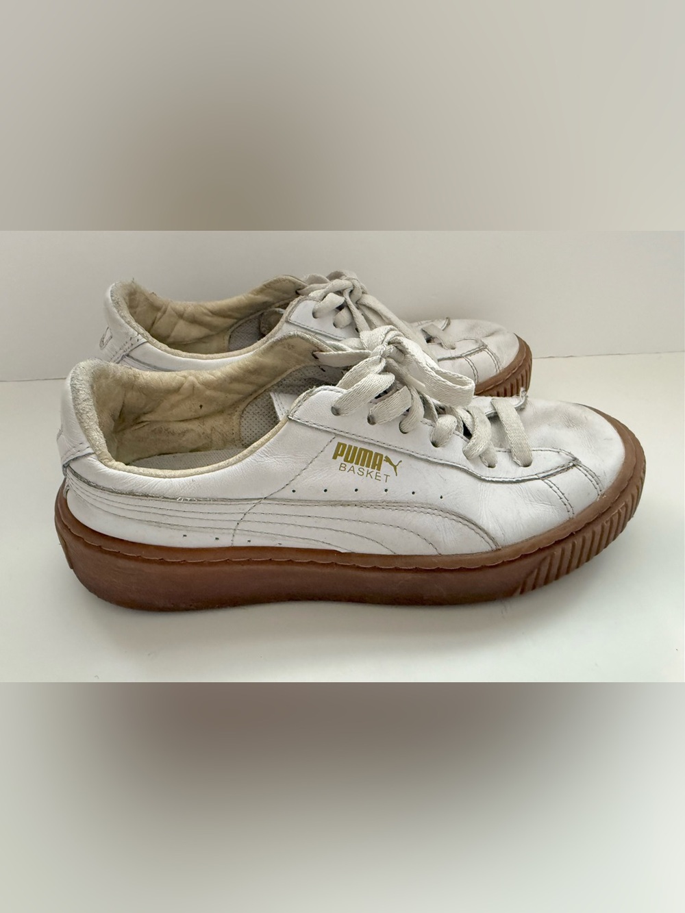 Puma White Leather Low-Top Sneaker with Brown Gum Platform - Picture 2 of 14